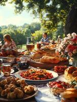 A picnic table with food and wine photo