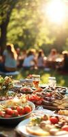 An outdoor picnic table with food and drinks photo
