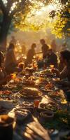 People eating at a picnic table in the woods photo