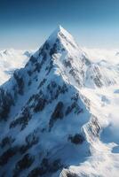 Snow-capped mountain peak rising above fluffy clouds photo