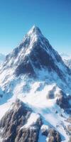 Snow-covered peak rises against a clear blue sky in winter photo