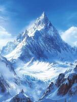Snow-capped mountain peak under a bright blue sky photo