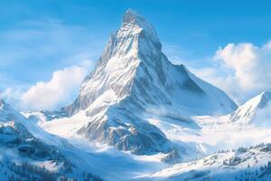 Stunning snow-capped mountain rises under a clear blue sky photo