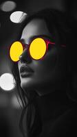 Woman in stylish sunglasses poses against a blurred background photo