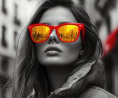 Stylish woman posing with reflective sunglasses in city photo
