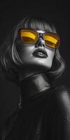 Stylish woman in sunglasses poses dramatically in studio light photo