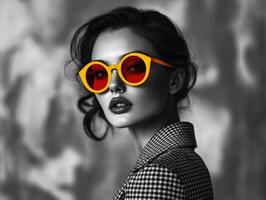 Stylish model showcases vibrant sunglasses in fashion shoot photo