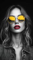 Stylish model showcases vibrant sunglasses and bold lips photo