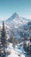 Snow-covered mountains and pine trees under blue sky photo