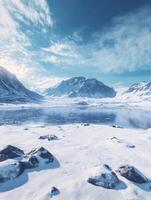 Snowy mountain landscape with a tranquil lake reflection photo