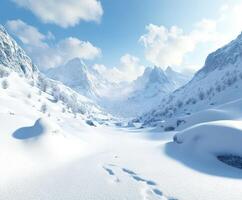 Snow-covered valley surrounded by mountains on a clear day photo