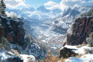 Snowy mountain landscape with a vast valley view photo