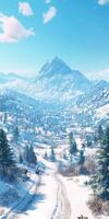Snowy mountain landscape with clear blue skies in winter photo