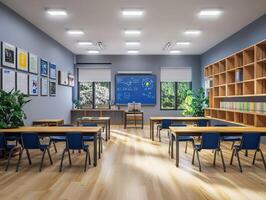 Bright and modern classroom with organized study space photo