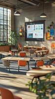 Modern classroom setting with interactive technology and seating photo