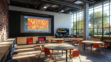 Bright classroom with modern design and interactive display photo