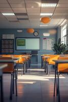 Bright and modern classroom ready for learning activities photo