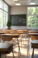 Bright classroom with empty desks in a learning environment photo