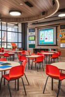 Modern classroom featuring red chairs and interactive board photo