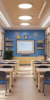 Modern classroom setup with interactive board and resources photo