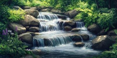 Tranquil stream flows over rocks in a lush forest photo