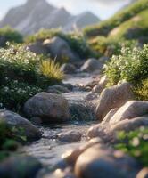 Flowing stream surrounded by lush greenery and mountains photo