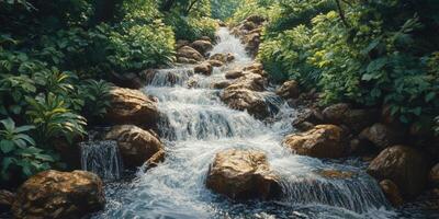 Serene stream cascading over rocks in lush forest setting photo