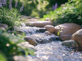 Flowing stream surrounded by lush greenery and flowers photo