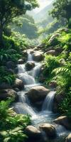 Cascading water flows through a lush green forest landscape photo