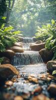 Flowing stream surrounded by lush greenery in the woods photo