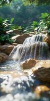 Water gently cascades over rocks in lush green surroundings photo