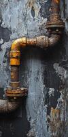 Leak pipe seen on a weathered wall with peeling paint photo