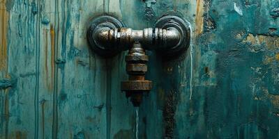 Leak pipe with rust and discoloration on distressed wall photo
