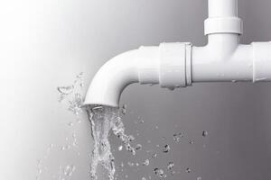 Leak pipe releasing water in indoor setting with grey background photo