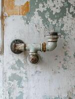 Leak pipe emerging from an old wall with peeling paint photo