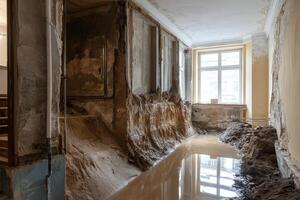 Water pooling from leak in damaged residential area photo