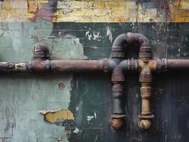 Leak pipe on a weathered wall showing rust and decay photo