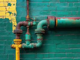 Leak detected in rusty pipe system on vivid green wall photo