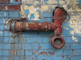 Leak pipe causing damage to a brick wall in a building photo