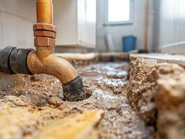Water pooling around a leaking pipe in a residential area photo