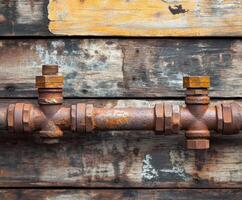 Rusty leak pipe against weathered wooden backdrop photo