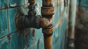 Leak in rusty pipe fitting against tiled wall photo