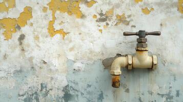 Leak pipe near a damaged wall in an abandoned location photo