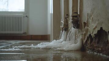 Leak from old pipe causes water to pool on the floor photo