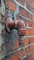 Leak from old red pipe against a brick wall in urban setting photo