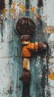 Pipe leaking water on rusted wall in an industrial area photo