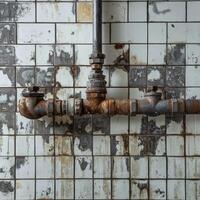 Leak discovered in old pipe system against tiled wall photo