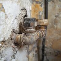 Leak pipe in a damaged wall shows urgent repair needs photo