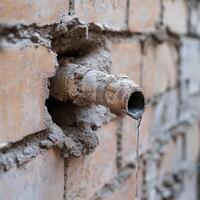 Leak from a pipe in a brick wall during construction work photo