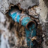 Leak from damaged pipe in dilapidated urban building during day photo